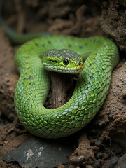 Obraz premium Trimeresurus Insularis or Pit Viper. Trimeresurus insularis or what is nicknamed the white-lipped snake is a subspecies of venomous vit viper that belongs to the viper family