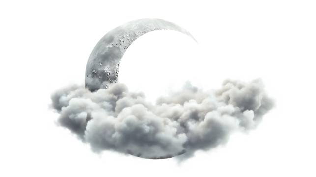 雲に包まれた三日月が幻想的な雰囲気を演出。夢の中の不確かな感覚を象徴する。generative ai