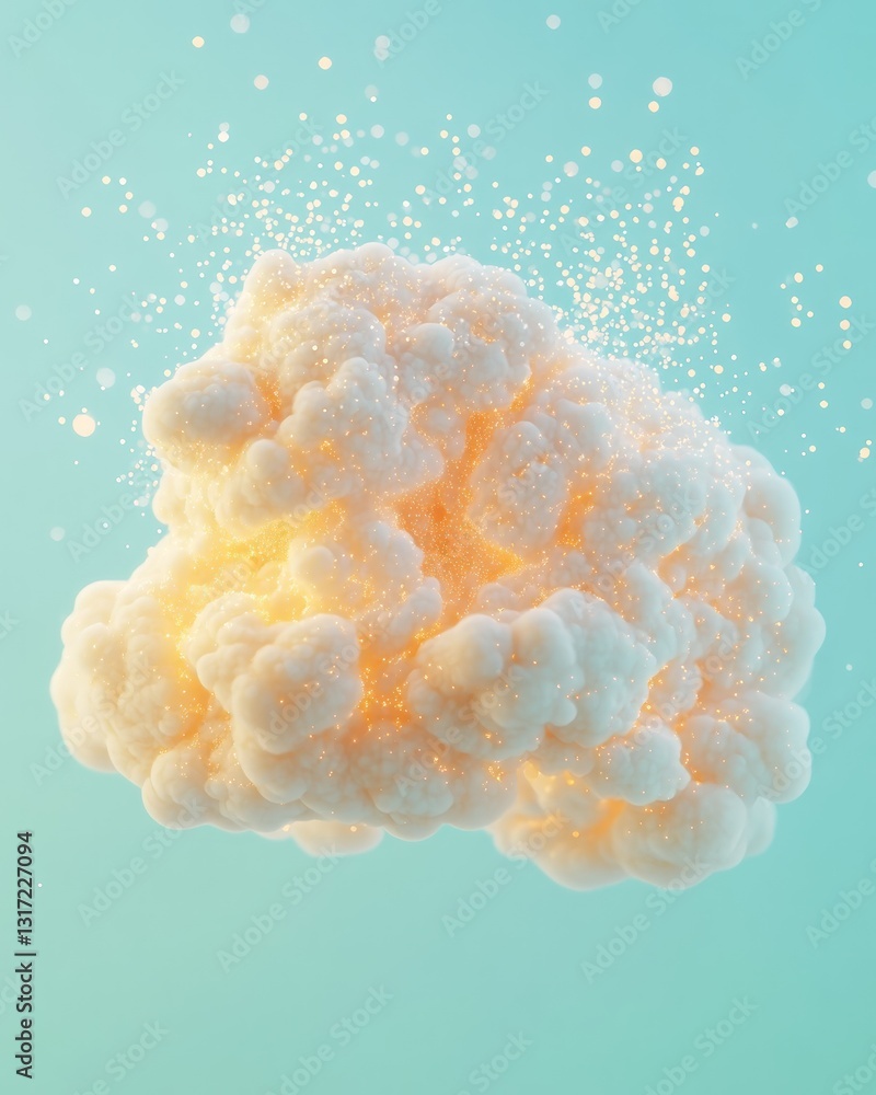 Poster fluffy cloud-like form with glowing particles against a soft teal backdrop. illuminated soft light a