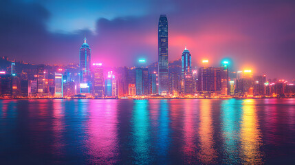 Fototapeta premium City Lights Reflect: A mesmerizing cityscape at dusk, with vibrant neon lights reflecting in the tranquil water, painting a scene of modern urban life and technological grandeur.