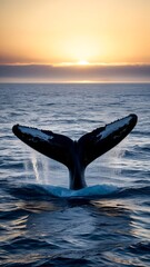 Fototapeta premium A whale tail flups out of the water at sunset.