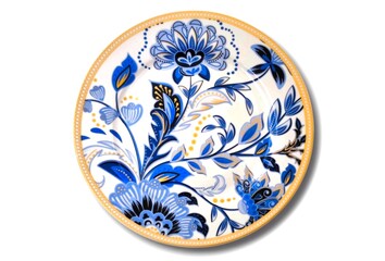 Top view of an elegant ceramic plate with intricate blue and gold floral patterns, featuring a delicate symmetrical design on a white background, bordered with a golden rim for a classic aesthetic.