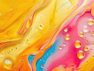 Abstract liquid art with vibrant colors, droplets, and dynamic swirls