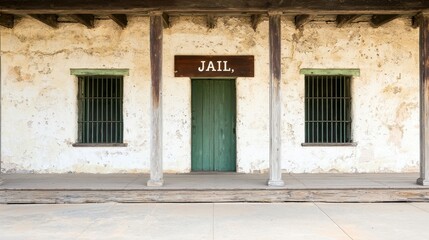 Naklejka premium Historical Jail Building with Green Door and Bars on Windows