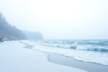 Snowy Beach Meets Misty Ocean - Winter Coastal Scenery