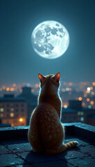 Orange tabby cat gazing at the full moon on a rooftop during a night cityscape