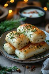 Delicious Soft Rolls Flavored with Garlic on a Rustic Plate