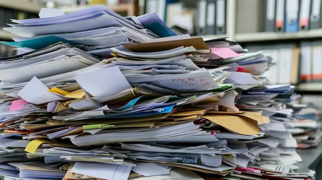 Stack of assorted paperwork on a desk in a cluttered office space during the workday
