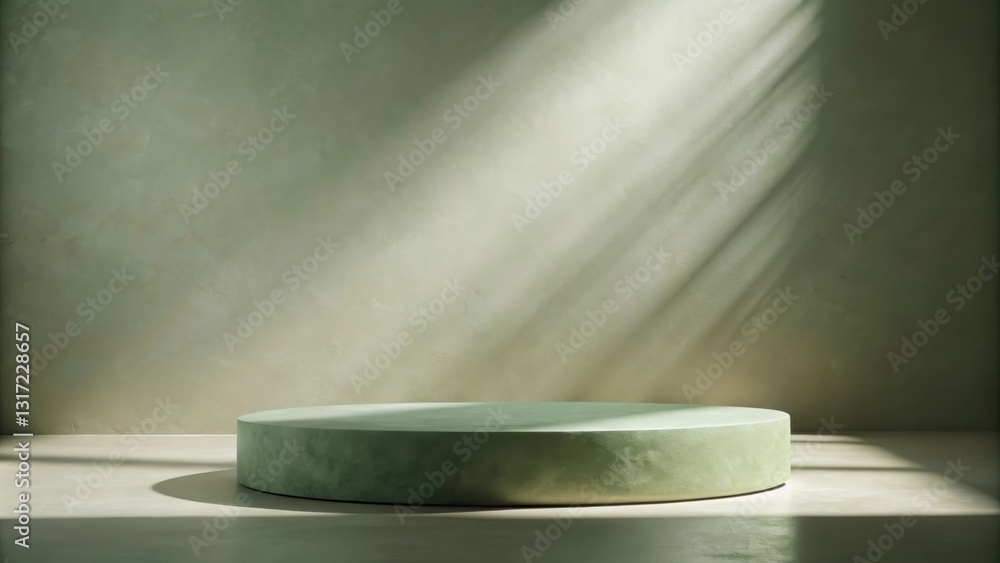 Aufkleber A Single Green Circular Platform In Front Of A Pale Green Wall With Diagonal Light Streaks From A Window