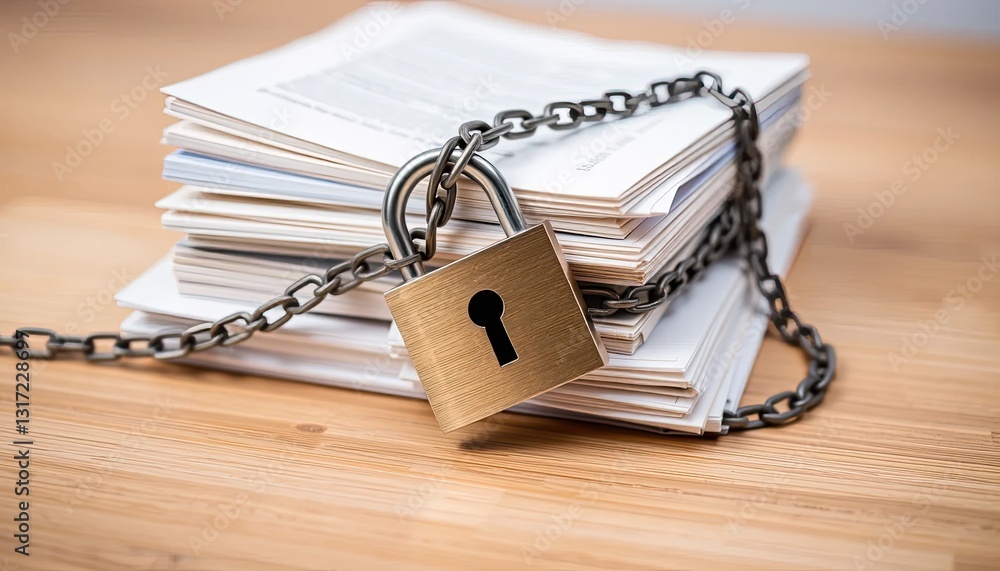 Poster secure documents stack secured with padlock and chain on wooden desk
