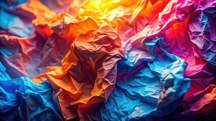Abstract texture of crumpled colorful paper with a vibrant gradient of blue, orange, and purple hues.