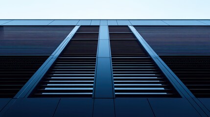 Dynamic Architectural Close-Up of Modern Building Facade with Horizontal Slats and Dark Color Palette