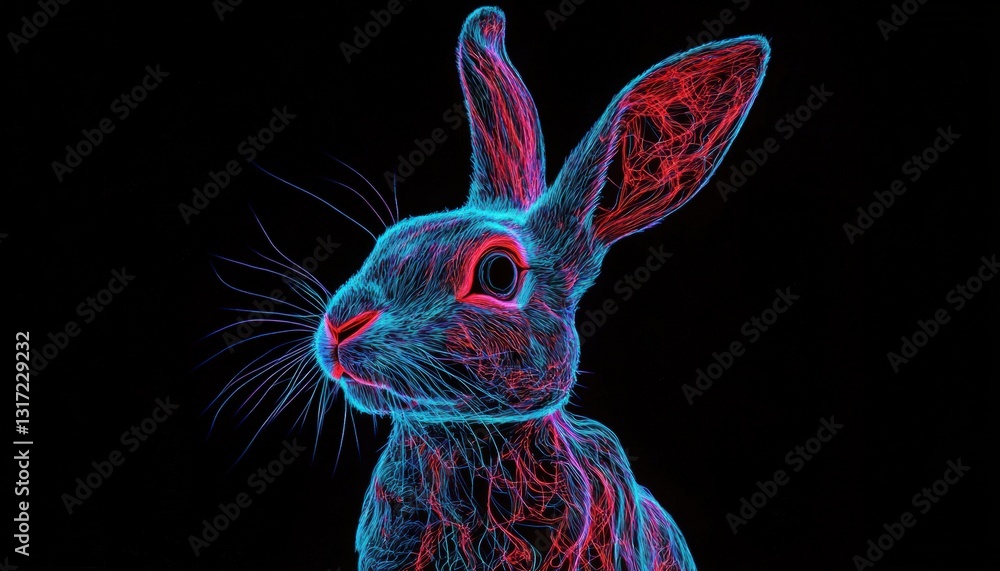 Poster abstract rabbit formed with glowing blue and red particles against a black background displaying dig
