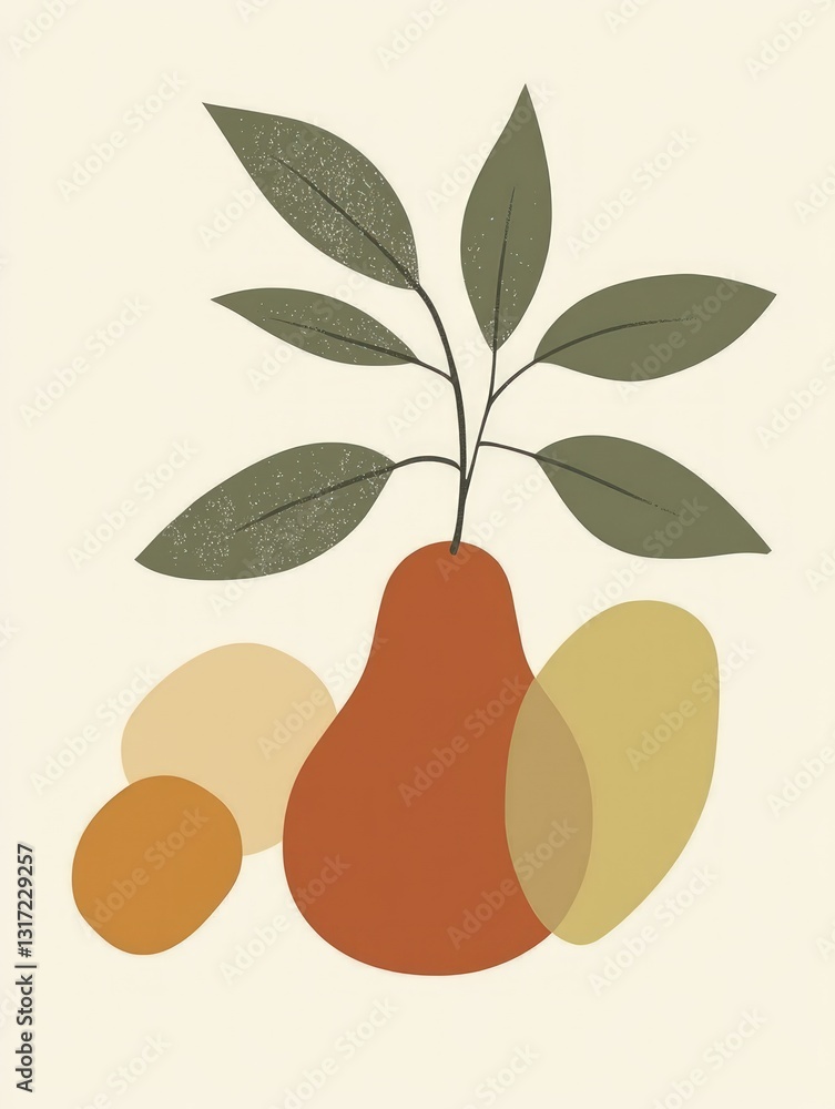 Poster abstract still life illustration featuring a pear and leaf branch with overlapping shapes in earth t