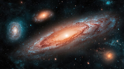 stunning view of galaxy cluster featuring bright celestial bodies and swirling cosmic dust