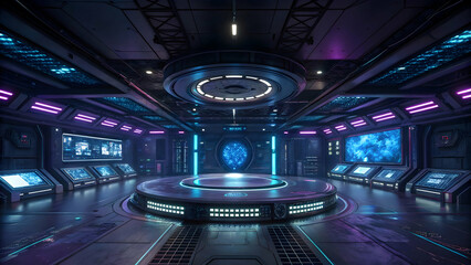 Futuristic spaceship interior with neon lights