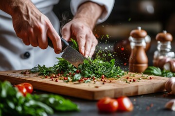 Chef chopping fresh herbs in kitchen culinary action close-up vibrant environment for food lovers