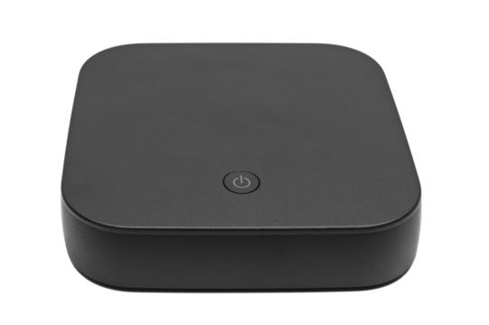 Black wireless Internet router isolated on white, side view, clipping