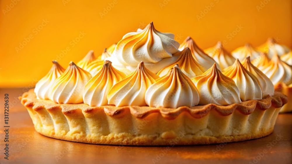 Poster a close-up of a golden crust pie topped with swirls of meringue, the light reflecting off the creamy
