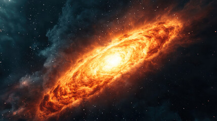 stunning galaxy with vibrant orange and yellow hues, surrounded by dark clouds and stars, creating mesmerizing cosmic scene