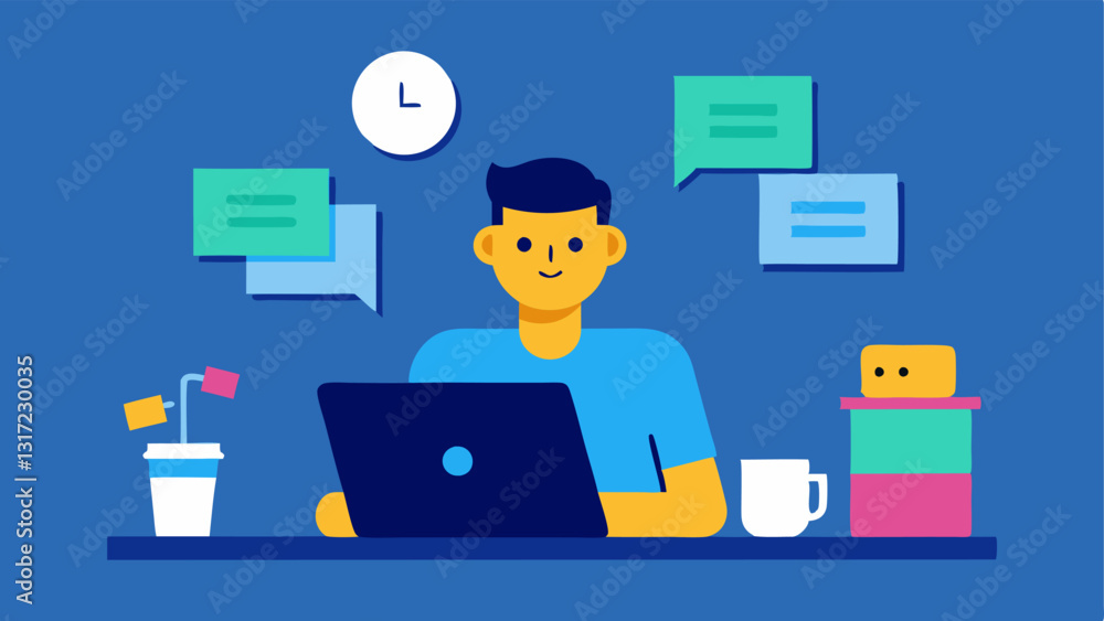 Poster task management a busy individual at a desk asking their voice assistant to set reminders and make a