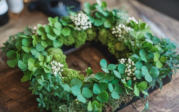 Patrick, Square green floral wreath on wooden table