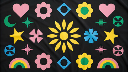 Groovy 70s retro pattern with flowers, hearts, and stars.