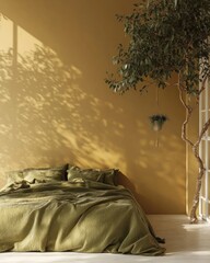 Olive green bedding in sunlit bedroom with plant.