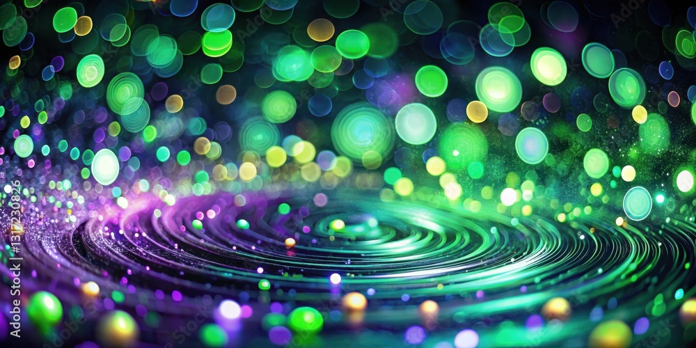 Aufkleber Abstract Cosmic Background with Vibrant Green and Purple Bokeh Lights and a Swirling, Multi-Layered Circular Design