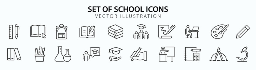 School web icons in line style. Education, knowledge, teacher, class room, study, language, collection. Vector illustration.