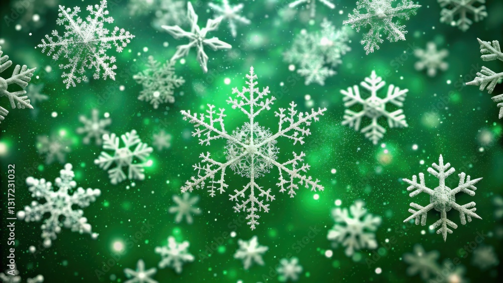 Aufkleber a festive background of snowflakes falling against a green backdrop with sparkling bokeh lights