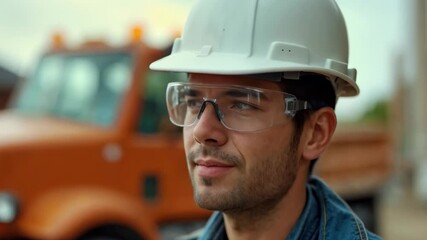Construction worker assesses project site while wearing safety gear