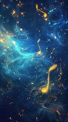 Christmas musical card. Musical notes and fir trees silver glitter texture on blue snowy background with copy space. Vertical image.