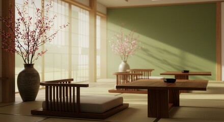 Fototapeta premium Japanese Tatami Room with Low Tables and Cherry Blossom Arrangement