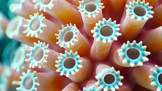 Close-up view of coral polyps displaying intricate structures in vibrant colors under water