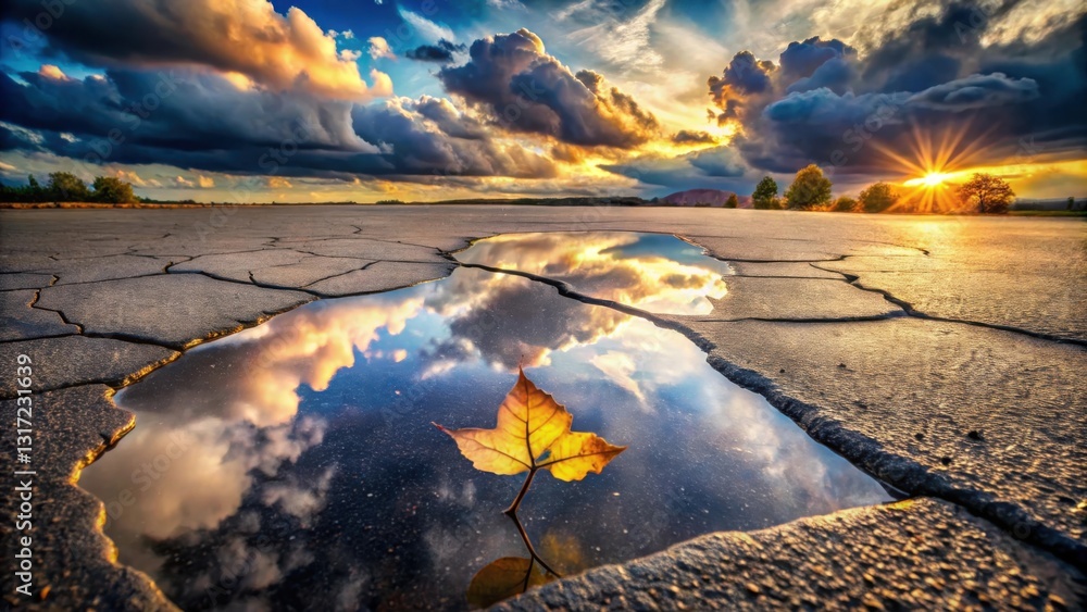 Poster A single leaf floats on the surface of a puddle reflecting the setting sun and dramatic clouds