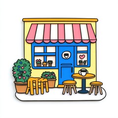 Charming Colorful Cafe Exterior Illustration with Outdoor Seating and Flower Pots