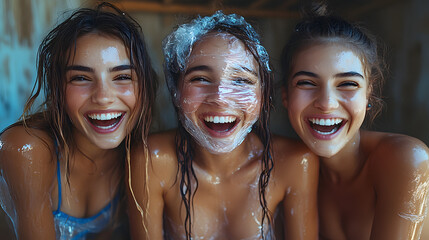 Fototapeta premium Radiant trio, laughter cascades: Three radiant women revel in the joy of the moment, faces glistening with water and happiness, creating an unforgettable image.