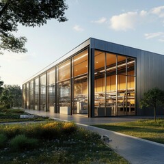 A high-rise green building with wind turbines integrated into its smart construction.