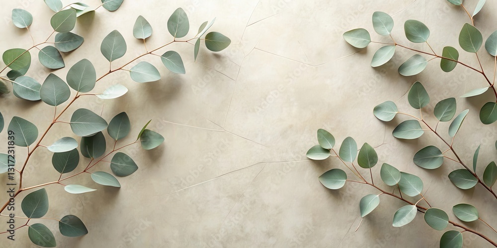 Poster A minimalist arrangement of delicate eucalyptus branches with soft, muted green leaves, creating a symmetrical pattern on a light beige background.