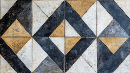 Geometric Triangle Tiles. Detailed geometric pattern with black, white, and yellow triangles arranged in a symmetrical, repeating design.