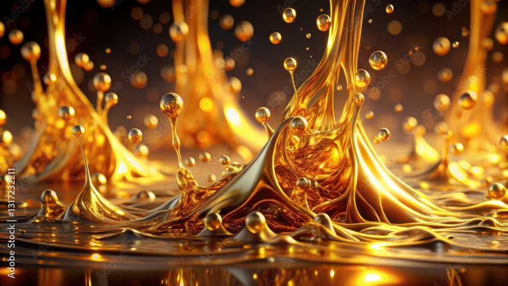 Poster Golden Liquid Splashing in Slow Motion, Creating a Symphony of Shapes and Reflections