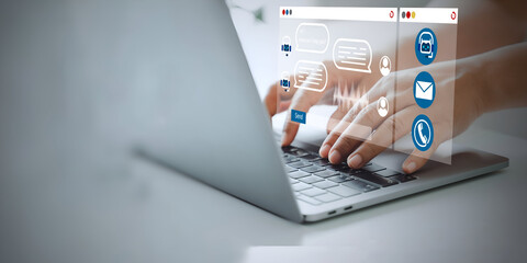 A business person using laptop with visual AI chatbot conversation assistant in app, Contact us Online service with AI Chatbot for efficient support. 