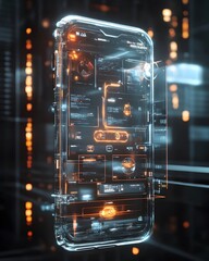 Futuristic Transparent Smartphone with Glowing Orange and Blue Interface