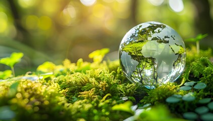 Crystal Earth Globe on Green Moss: Eco-Friendly, Sustainable World