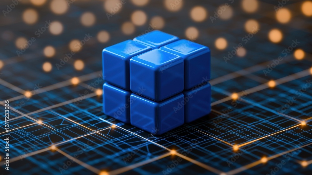 Poster blue cube on digital background with lights and grid design