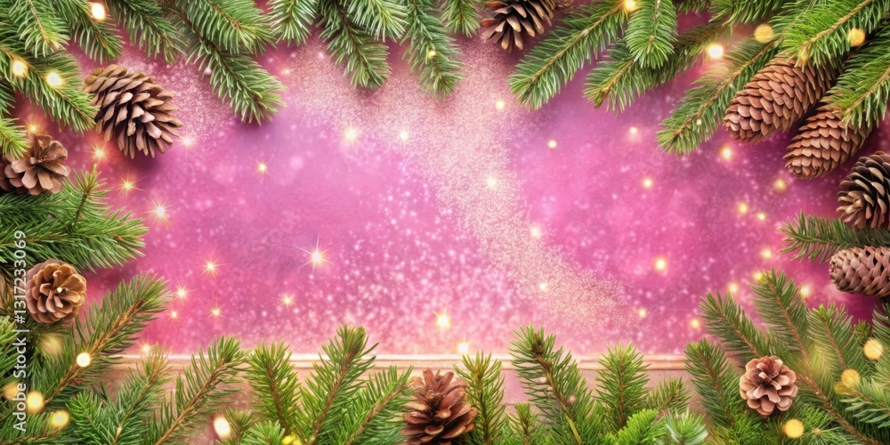 Poster a festive winter background featuring evergreen branches and pinecones adorned with sparkling lights