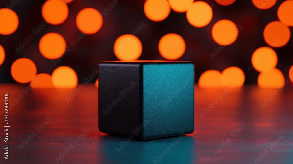Poster black and teal cube with bokeh background in warm colors