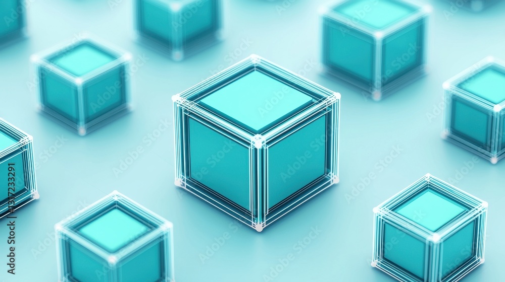 Poster abstract geometric blocks with glowing outline in soft blue background