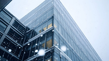 Low Angle View Of Modern Glass And Steel Office Building During Snowfall In A City With Cool Tones And Geometric Lines